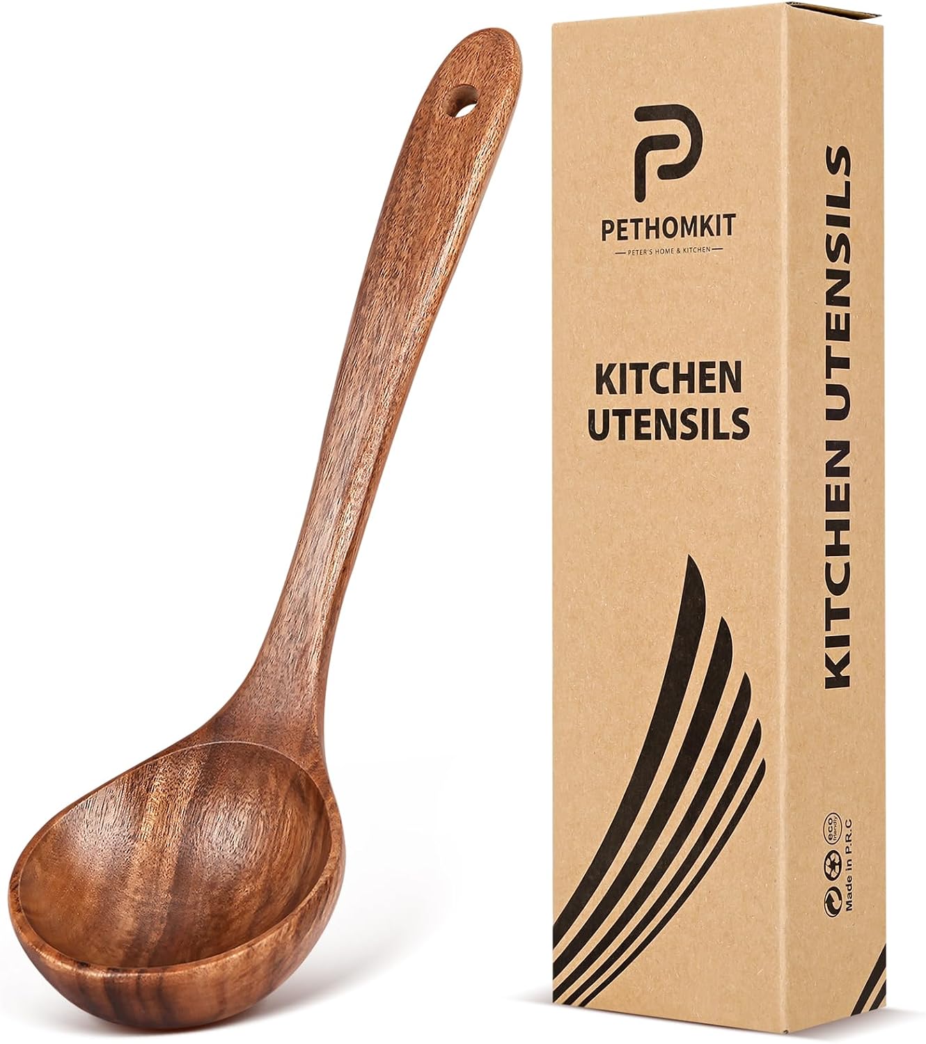 Wooden Soup Spoon for Cooking  Teak Acacia Soup Ladle  Non-Toxic Natural Wood Serving Spoon for Gravy Sauce Porridge  Long Handle Deep Scooper Server Utensil  No-Scratch Cookware Surface 10.6″