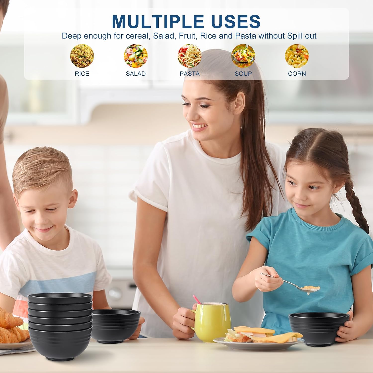 HOTEC BPA Free Unbreakable Wheat Straw Cereal Bowls - Microwave & Dishwasher Safe Soup and Salad Bowls  Set of 8  26oz  Black