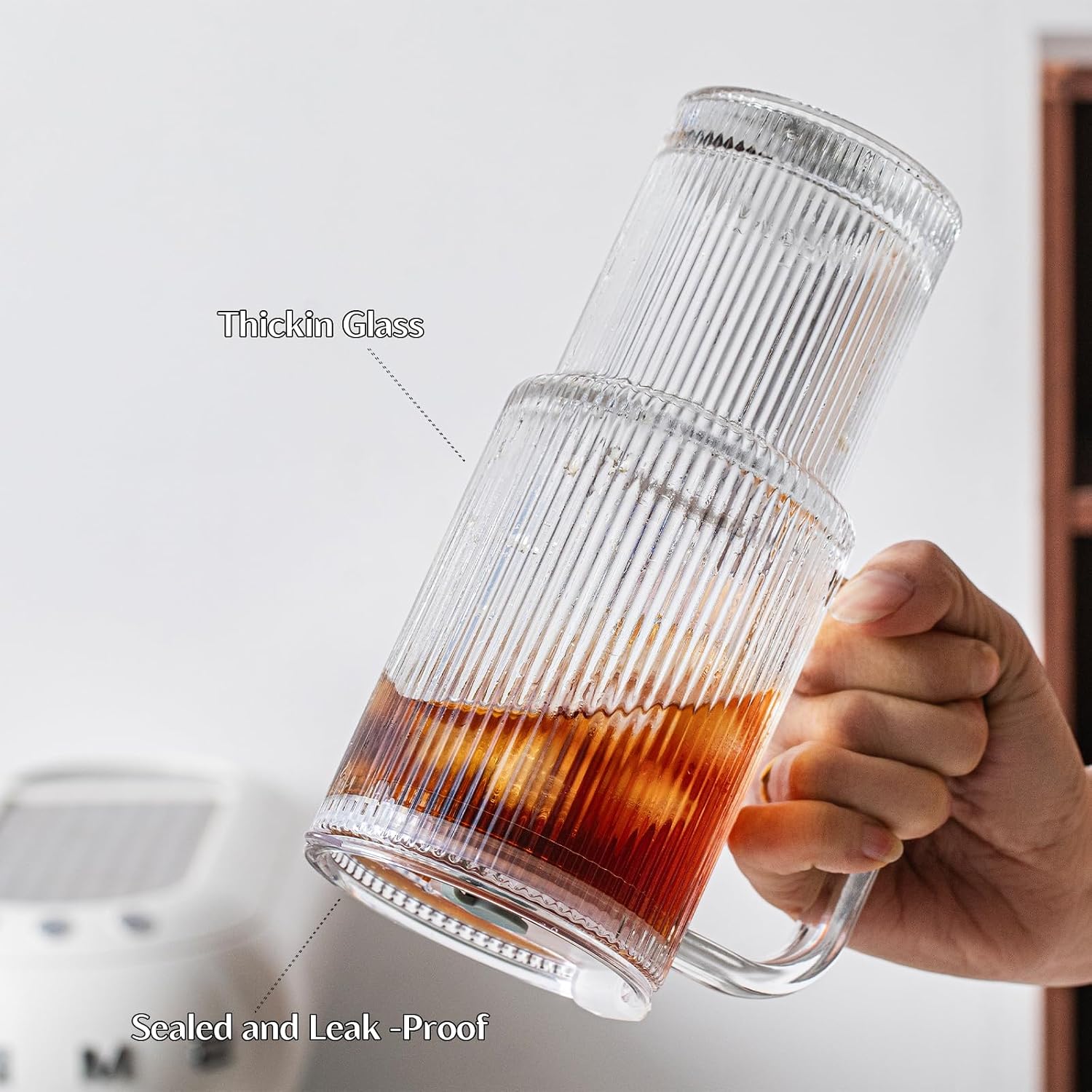 INSETLAN 26oz Ribbed Glass Tumbler with Handle & Lid – 2-Pack Large Iced Coffee Cups with Straws  Modern Glass Mug for Cold & Hot Beverages  Aesthetic Travel Cup for Smoothies  Tea  and Juice