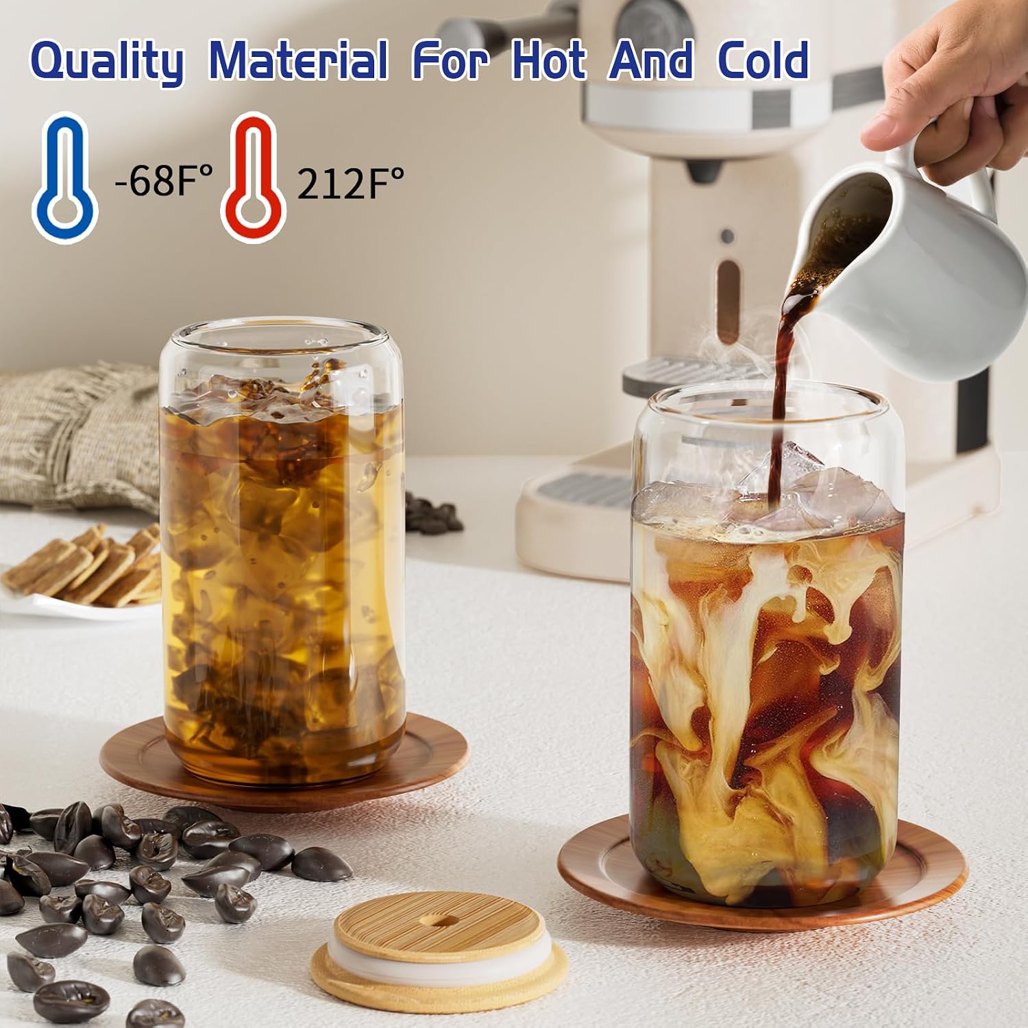 12Pcs Glass Cups with Lids and Straws - 16oz Can Shaped Drinking Glasses Set  Iced Coffee Cup  Beer Glasses Tumbler for Juice  Soda  Smoothie  Boba Tea  Whiskey  Cocktail Include 2 Cleaning Brushes