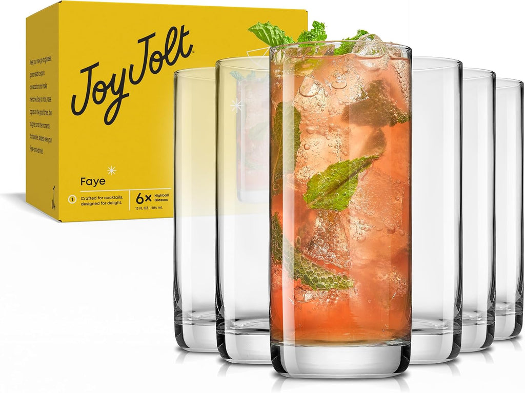 JoyJolt Faye 13oz Highball Glasses  6pc Tall Glass Sets. Lead-Free Crystal Drinking Glasses. Water Glasses  Mojito Glass Cups  Tom Collins Bar Glassware  and Mixed Drink Cocktail Glass Set