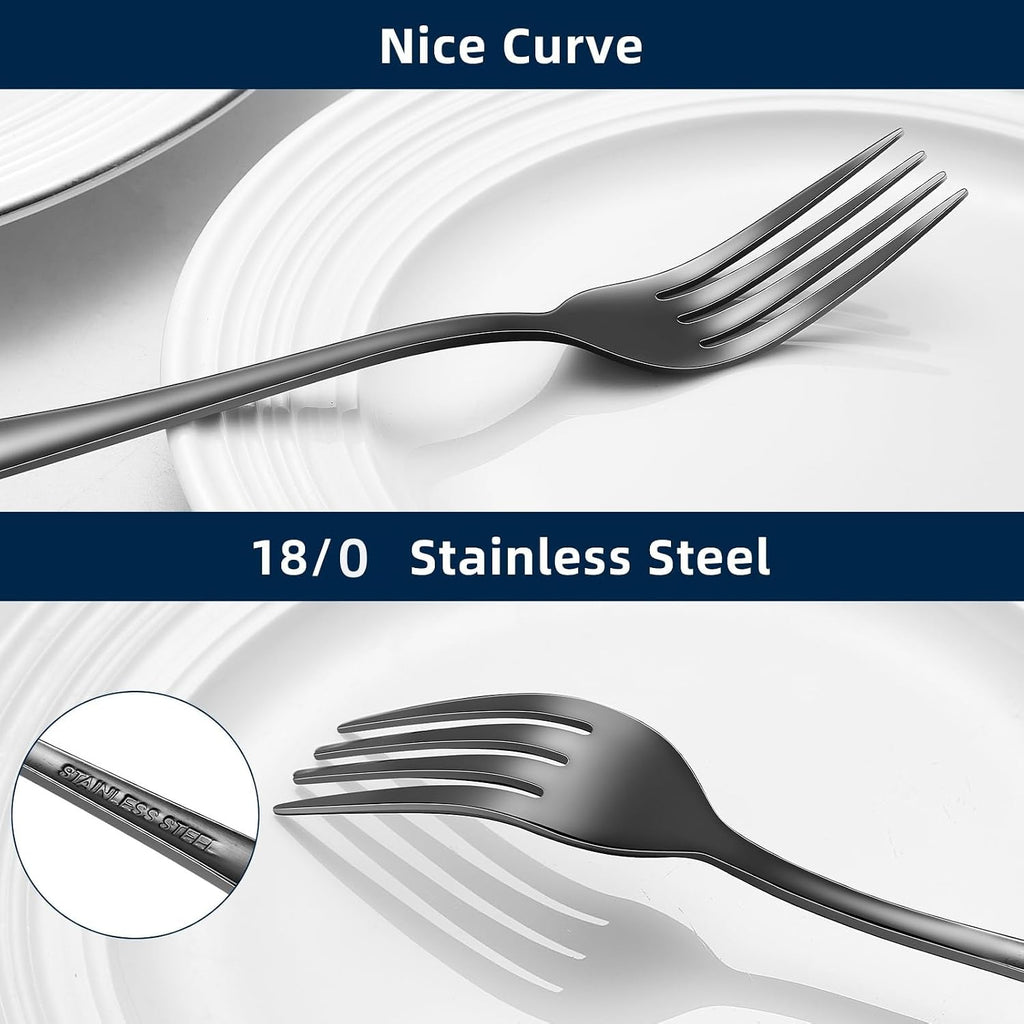 12 Piece Dinner Forks  8 Inch  Top Food Grade Extra-Fine Stainless Steel Silverware Forks，Silverware Set  Dishwasher Safe （Black)