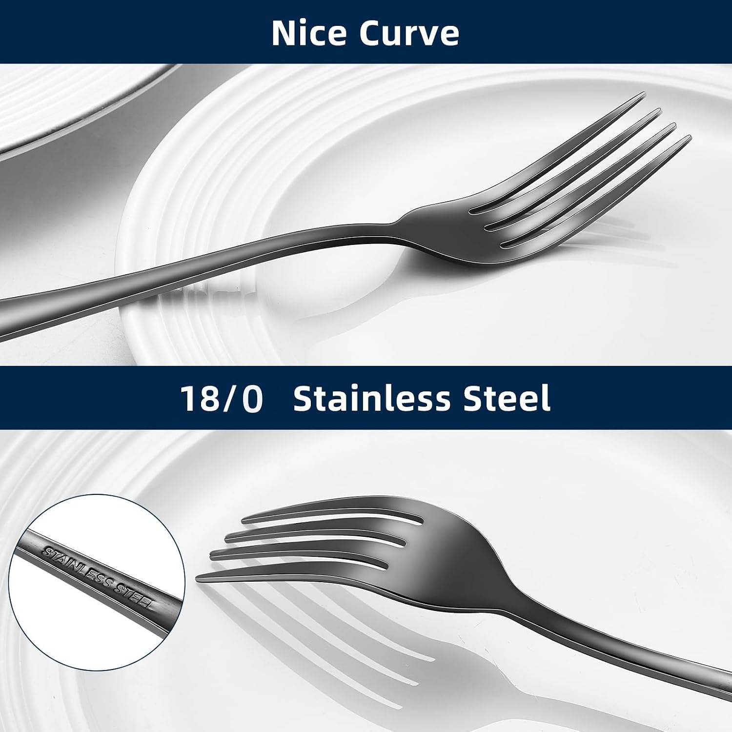 12 Piece Dinner Forks  8 Inch  Top Food Grade Extra-Fine Stainless Steel Silverware Forks，Silverware Set  Dishwasher Safe （Black)