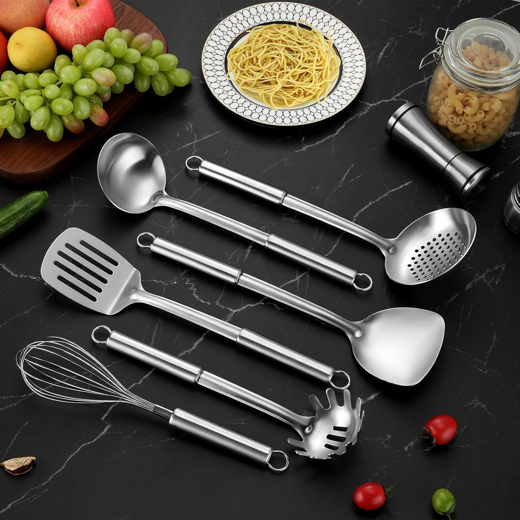 6-Piece Kitchen Cooking Utensils Set  Stainless Steel Kitchen Utensils with Suspendable Handle  Spatula  Slotted Turner  Soup Ladle  Slotted Spoon  Whisk  Pasta Server  Dishwasher Safe