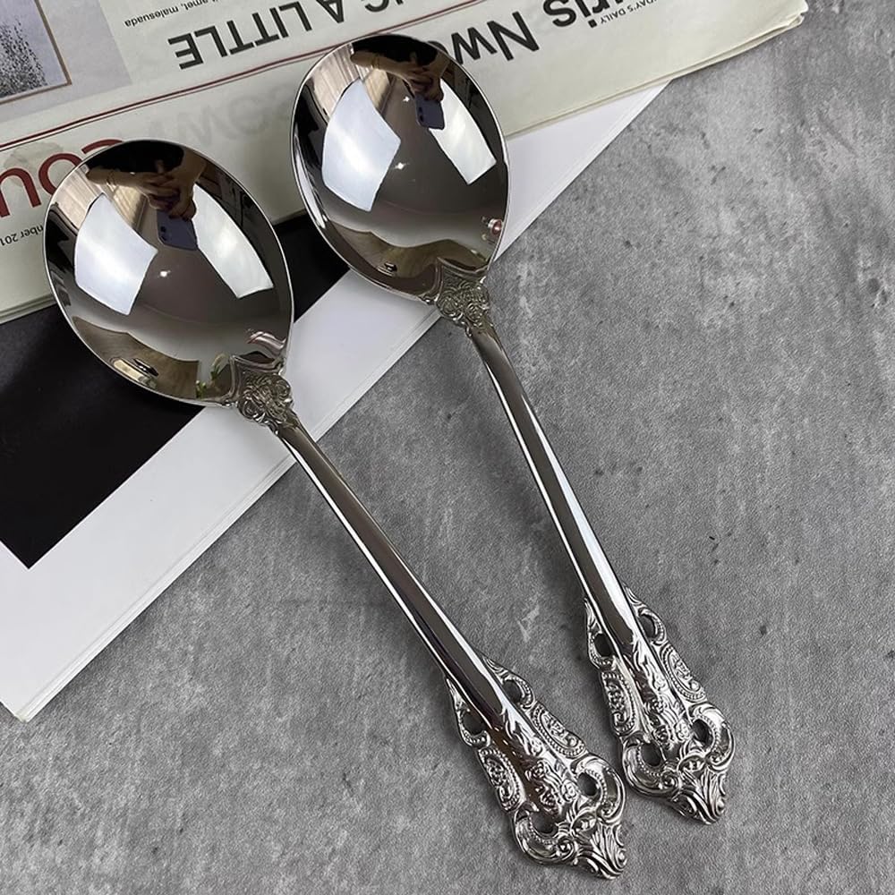 Gorgeous Large Round Soup Spoons 18/10 Stainless Steel Fine Embossed Texture Soup Spoons Set Table Spoon Silverware Bouillon Spoons Silver (4 pack)