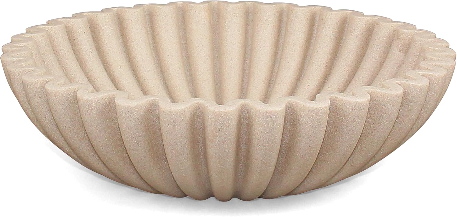 Ruffle Decorative Bowl  Large Fruit Bowl for Kitchen Counter  Stylish Key Bowl for Entry Table  Handcrafted Home Decor Display bowl  Artificial Stone Beige