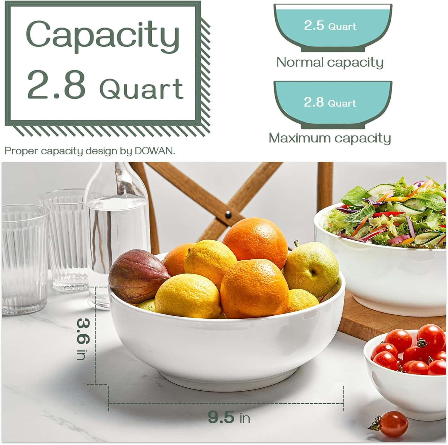 DOWAN Serving Bowls  9.5" Large Salad Bowls for Entertaining  Side Dishes  Pho  Pasta  Centerpiece Bowls for Dinner Parties  Kitchen Decor  Microwave & Dishwasher Safe  White