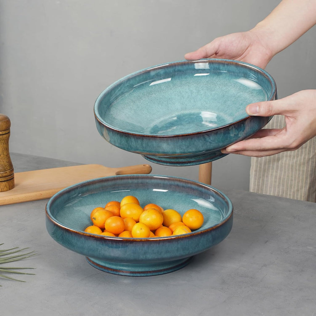 Ceramic Fruit Bowl for Kitchen Counter Decorative Pedestal Bowl for Table Countertop Large Footed Serving Bowl 10.2 Inch (Blue)