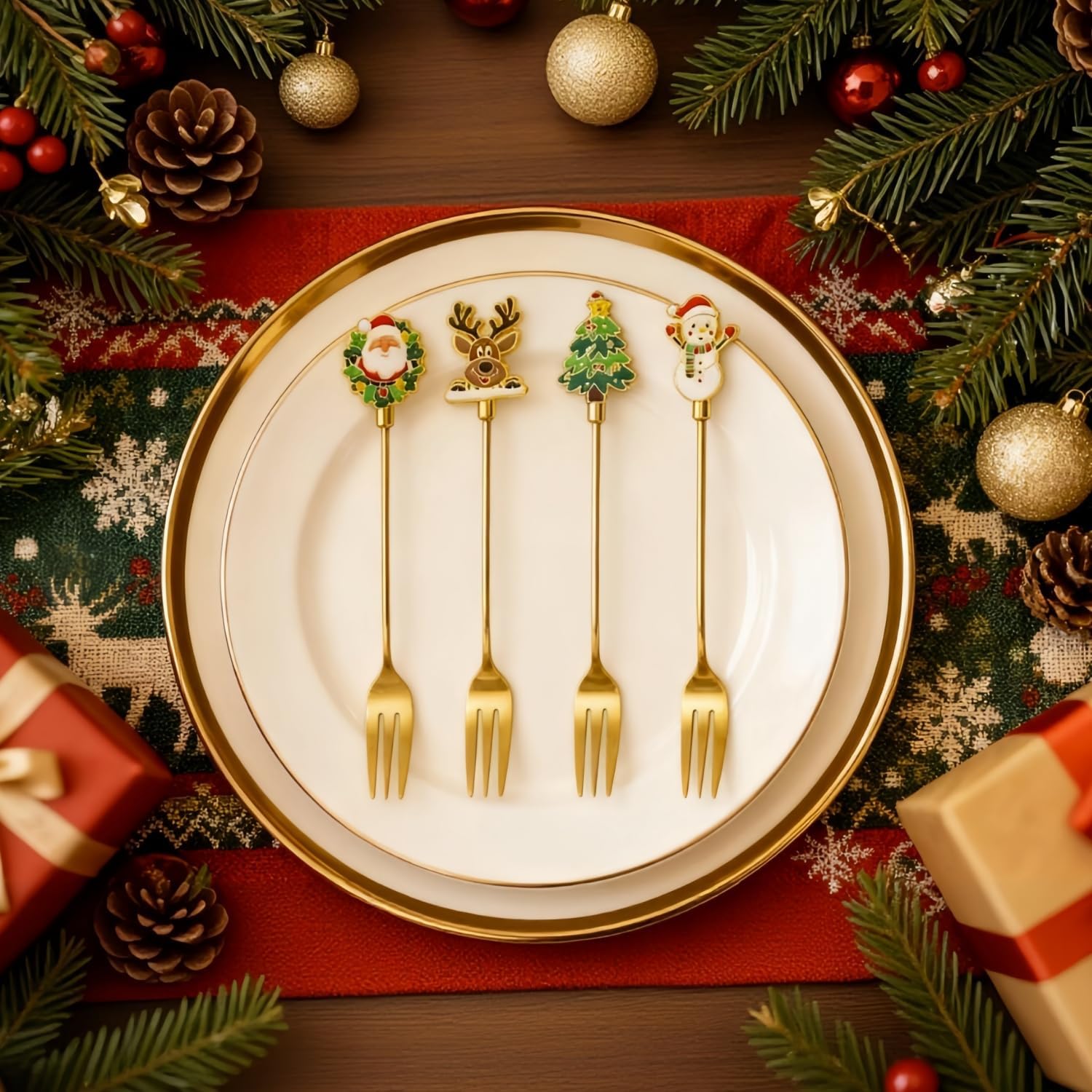 4-Piece Christmas Forks Set Premium 304 Forks Stainless Steel Dishwasher Safe.Small Gold Forks for Cake Dessert Salad Appetizers Fruit Olive& Cocktail for Afternoon Tea  Festive Party Table Setting