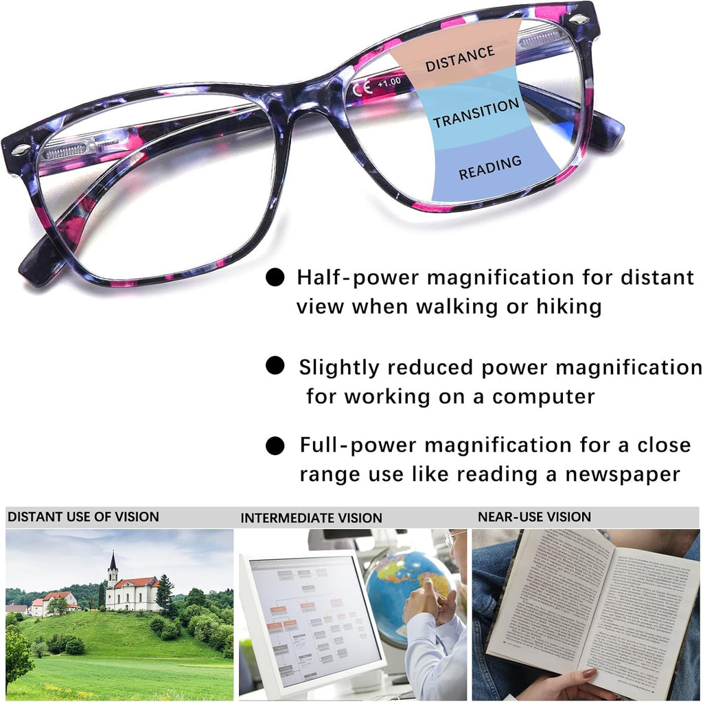 CLASAGA Progressive Multifocus Reading Glasses for Women  Pattern Print Blue Light Block Stylish Ladies Computer Readers