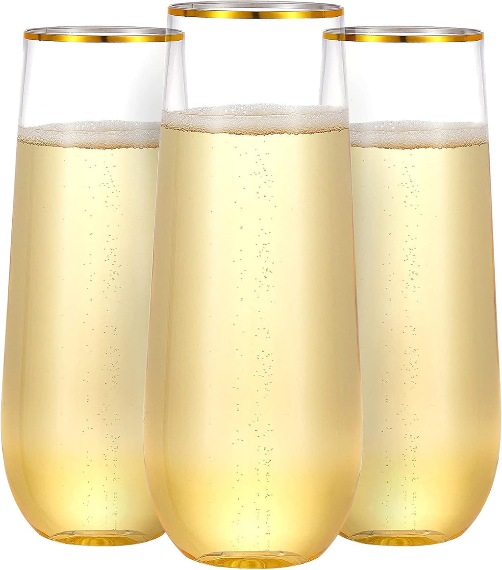 N9R 36PCS Plastic Champagne Flutes  9 Oz Stemless Disposable Gold Rim Toasting Glasses  Crystal Clear Cocktail Cups Drinkware Shatterproof Ideal for Party Wedding Birthday