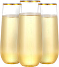N9R 36PCS Plastic Champagne Flutes  9 Oz Stemless Disposable Gold Rim Toasting Glasses  Crystal Clear Cocktail Cups Drinkware Shatterproof Ideal for Party Wedding Birthday