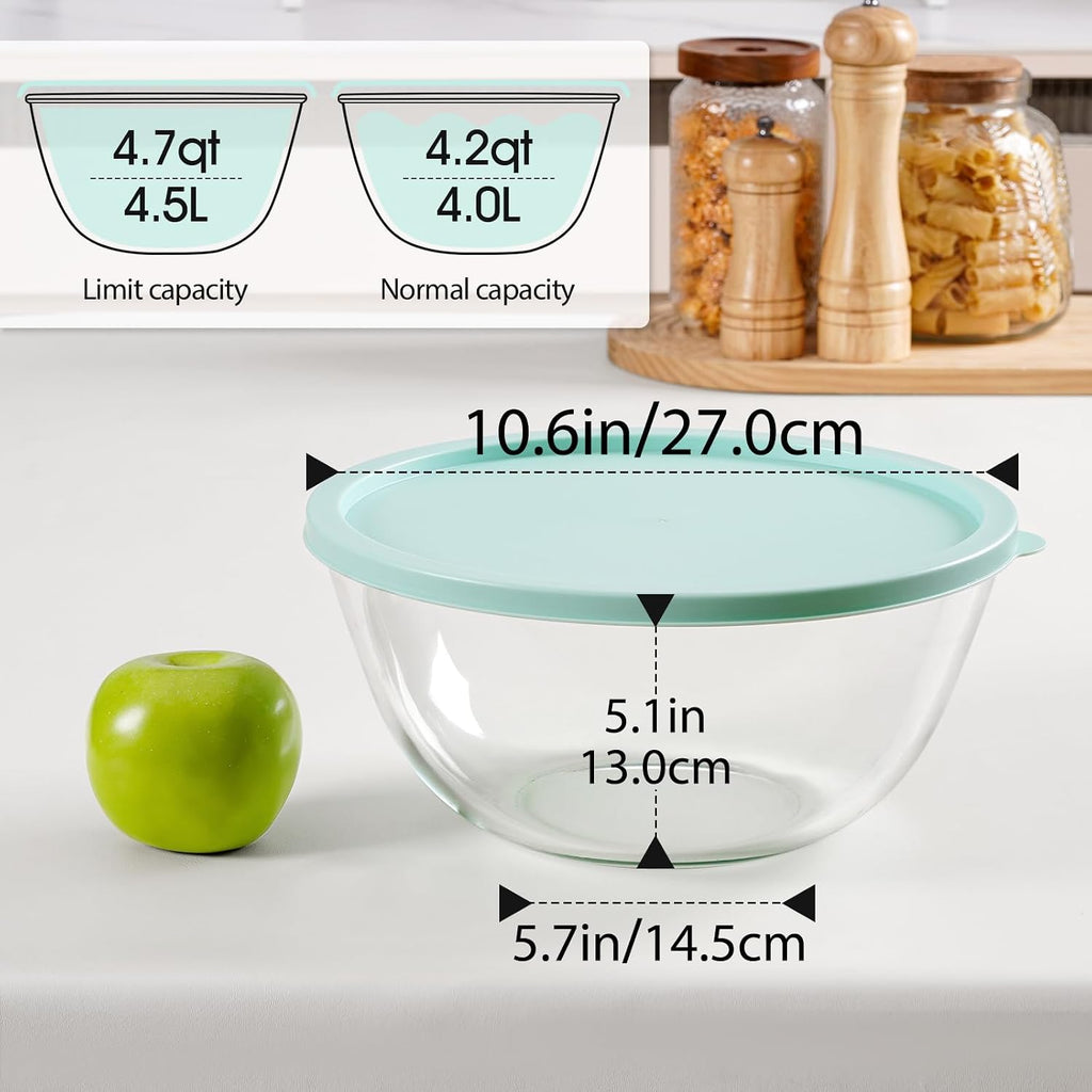 NUTRIUPS 4.7 Quart Large Glass Mixing Bowl with Lid  Deep Big Glass Bowl Large Salad Bowl (Horizon Green)