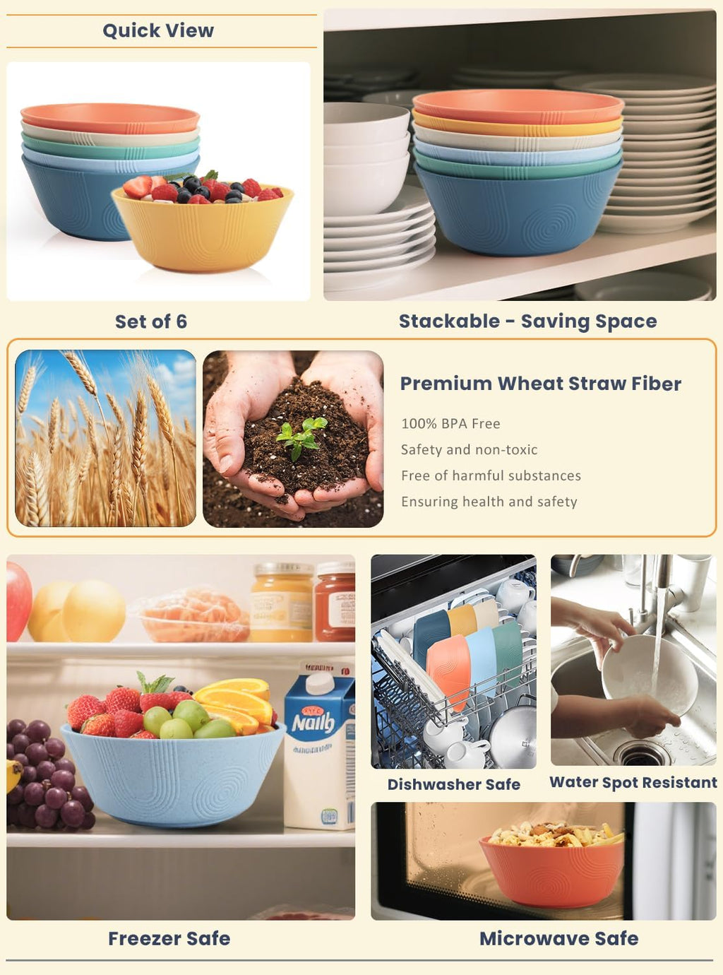 Homienly Unbreakable Cereal Bowls  Wheat Straw Bowl with Textured  36oz Microwave Safe Plastic Bowls for Kitchen  Party  Large Soup Bowls for Popcorn  Ramen  Salad  Dishwasher Safe (Multi 6 PCS)