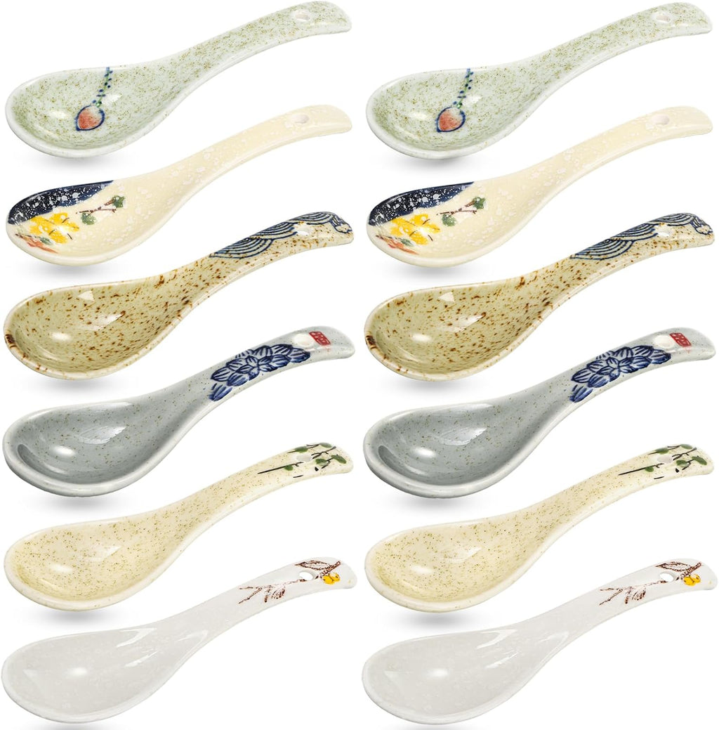 Set of 12 Asian Soup Spoons Ceramic  Retro Japanese Soup Spoons  Delicate Chinese Serving Spoon  Porcelain Ramen Spoon for Pho Miso Noodles Dessert Wonton Dumpling  Dishwasher Safe  5.5''L