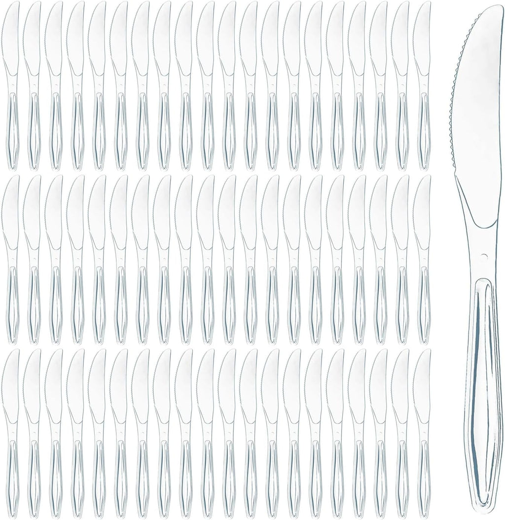 Prestee 100 Pack Plastic Silverware Knives - Heavy Duty  Clear Plastic Knives for Parties  Catering  and Events - Durable and Elegant Disposable Knife Utensils for Weddings  Dinners  and Celebrations