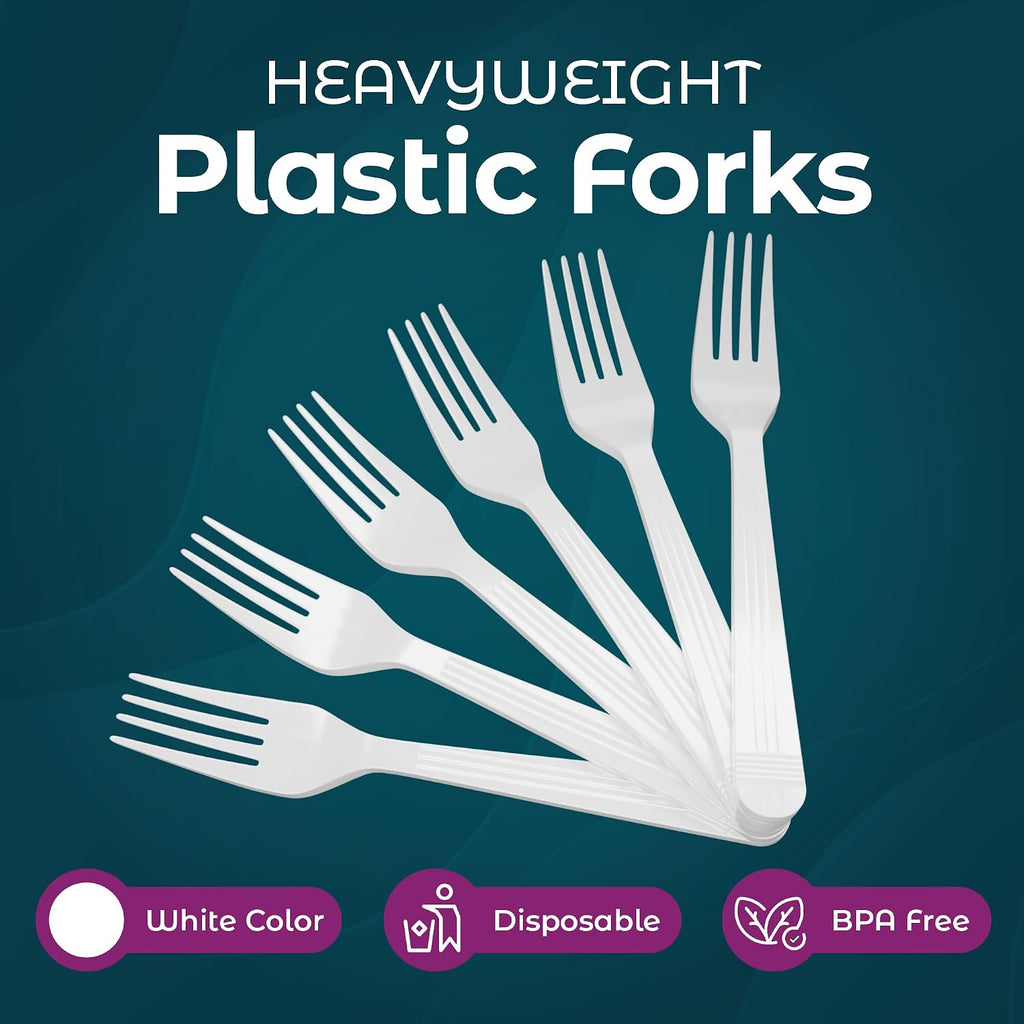 500 Count – Heavyweight Disposable White Plastic Forks | Big Party Pack Forks | Plastic Salad Forks |Great for Celebrations  Parties  Travels  Events  and Everyday Use