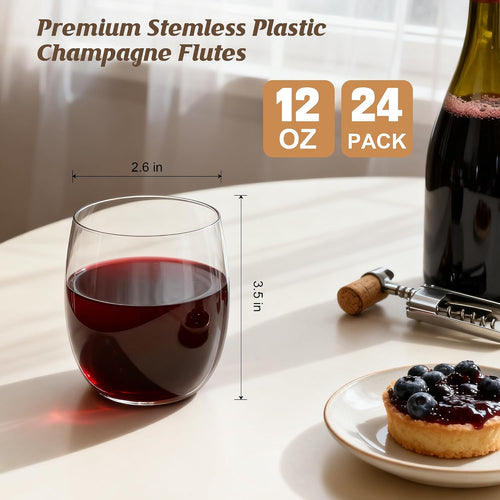 24 Pack 12oz Plastic Stemless Wine Glasses  Disposable Clear Wine Cups - Shatterproof  Unbreakable & BPA-Free  Recyclable Drinkware for Wedding Reception  Birthday Party  New Year  Holidays & Events