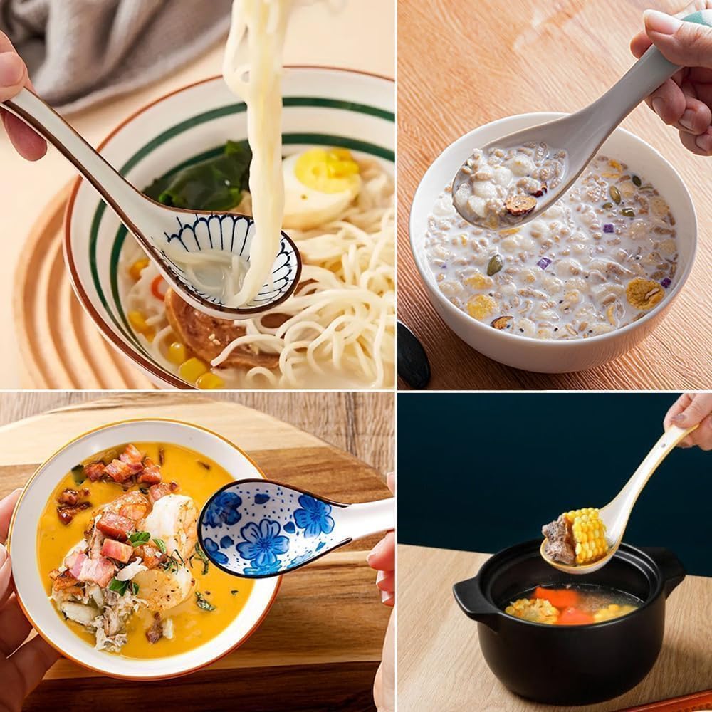 5pcs Asian Soup Spoon  Ceramic Chinese Soup Spoons  Deep Oval Hook Non-slip Japanese Spoons for Rice Ramen Pho Miso Soup Wonton Noodle  Luck and Prosperity Gifts for Friends Parents Family