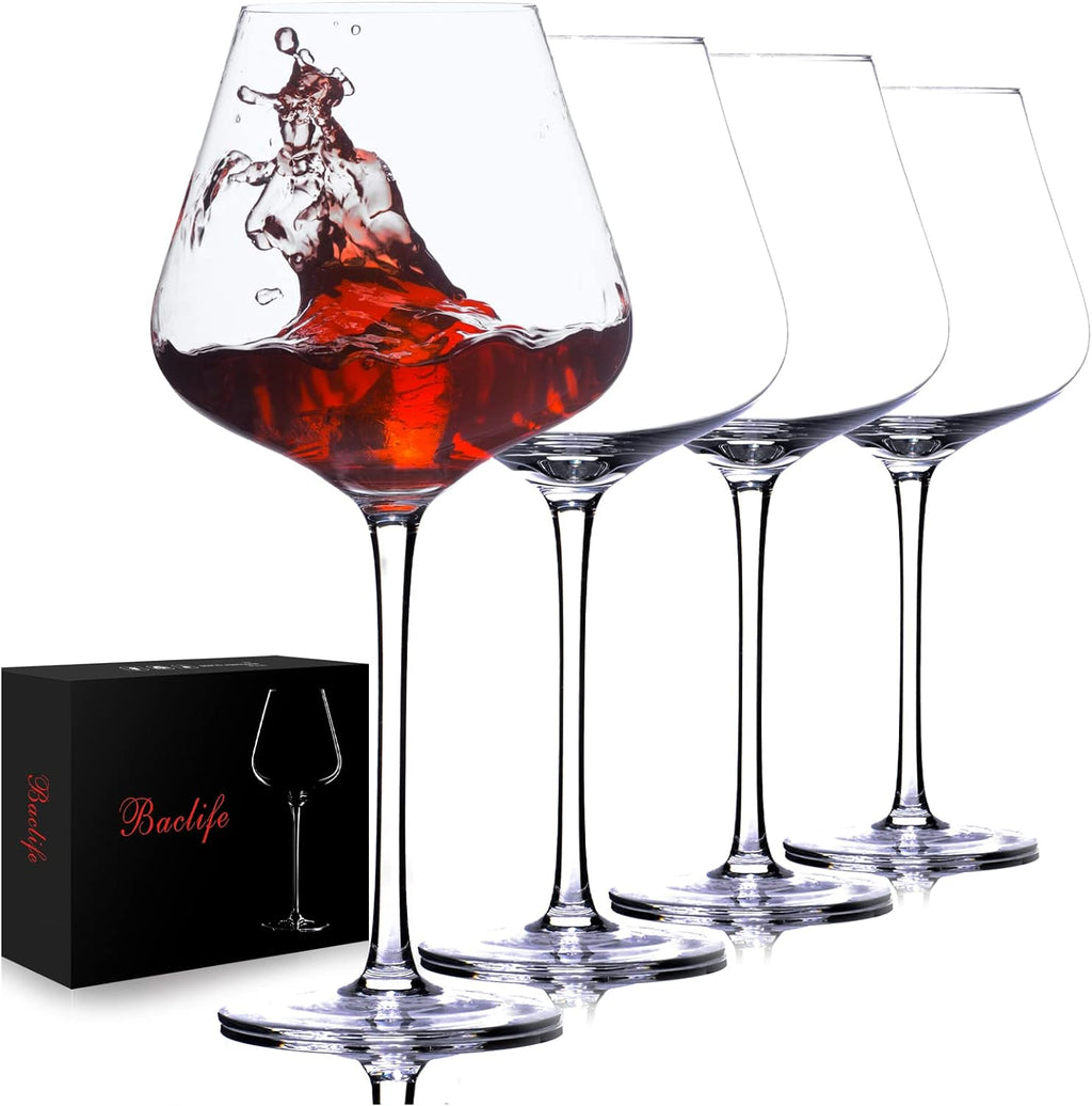 BACLIFE Hand Blown Red Wine Glasses Set of 4 – 23 oz Burgundy Wine Glasses With Long Stem – Large Premium Crystal Wine Glass – Unique Gift for Wedding  Anniversary  Mother’s Day – Clear