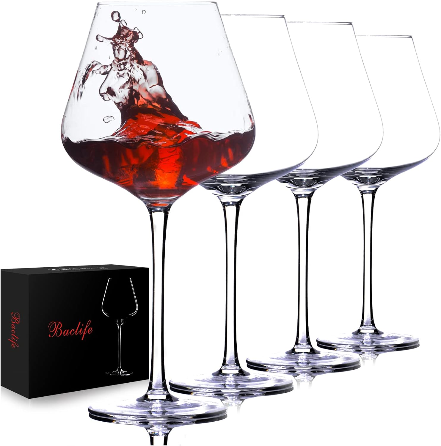 BACLIFE Hand Blown Red Wine Glasses Set of 4 – 23 oz Burgundy Wine Glasses With Long Stem – Large Premium Crystal Wine Glass – Unique Gift for Wedding  Anniversary  Mother’s Day – Clear