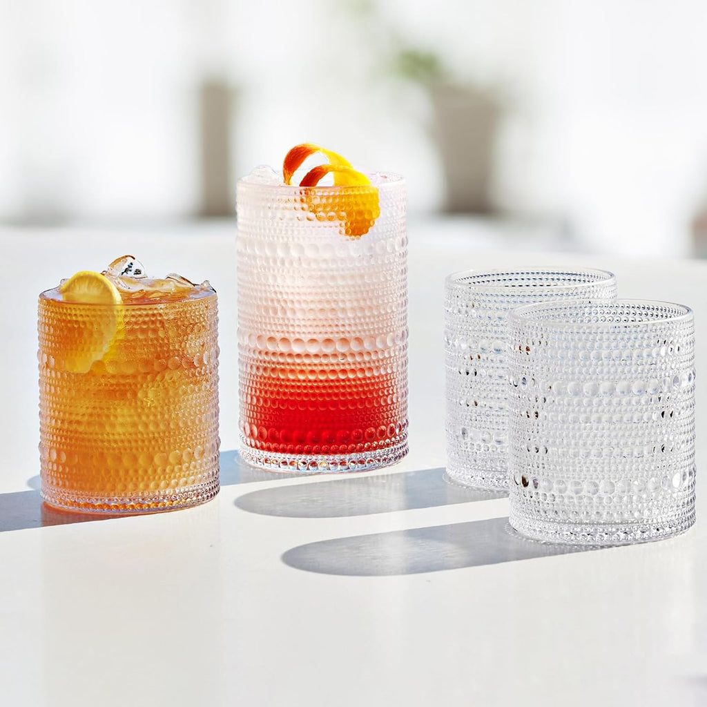 Hobnail Drinking Glasses Set of 12  11.8 oz Vintage Glasses Drinking Set & 10 oz Cocktail Glasses Set  Embossed Glass Cups for Kitchen  Beer  Juice  Cocktail  Whiskey  Milk
