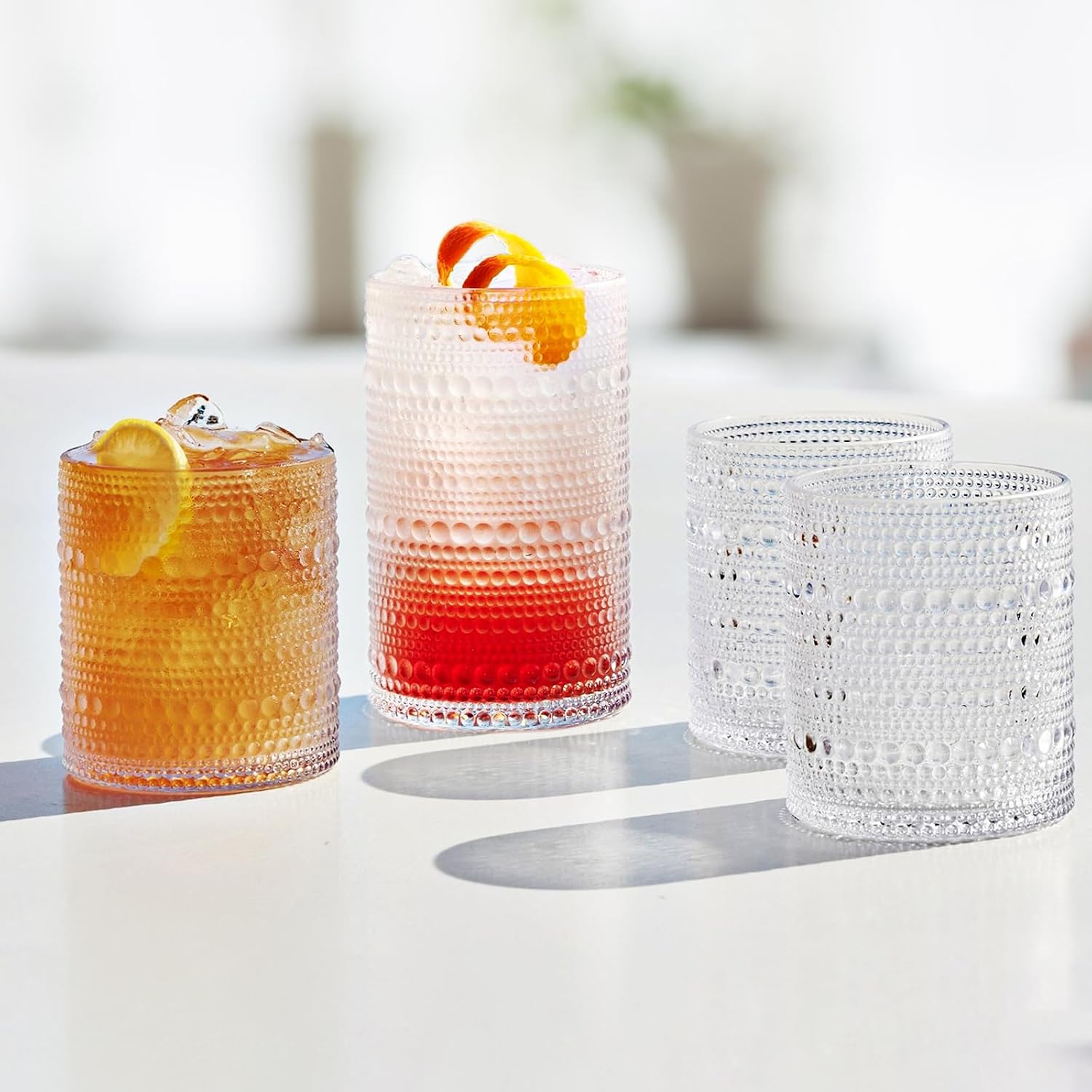 Hobnail Drinking Glasses Set of 12  11.8 oz Vintage Glasses Drinking Set & 10 oz Cocktail Glasses Set  Embossed Glass Cups for Kitchen  Beer  Juice  Cocktail  Whiskey  Milk