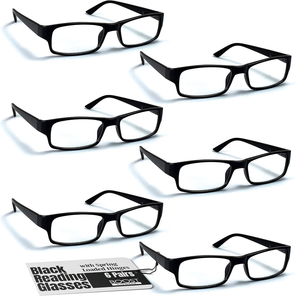 Boost Eyewear 6 Pack Reading Glasses  Traditional Black Frames  with Spring Loaded Hinges