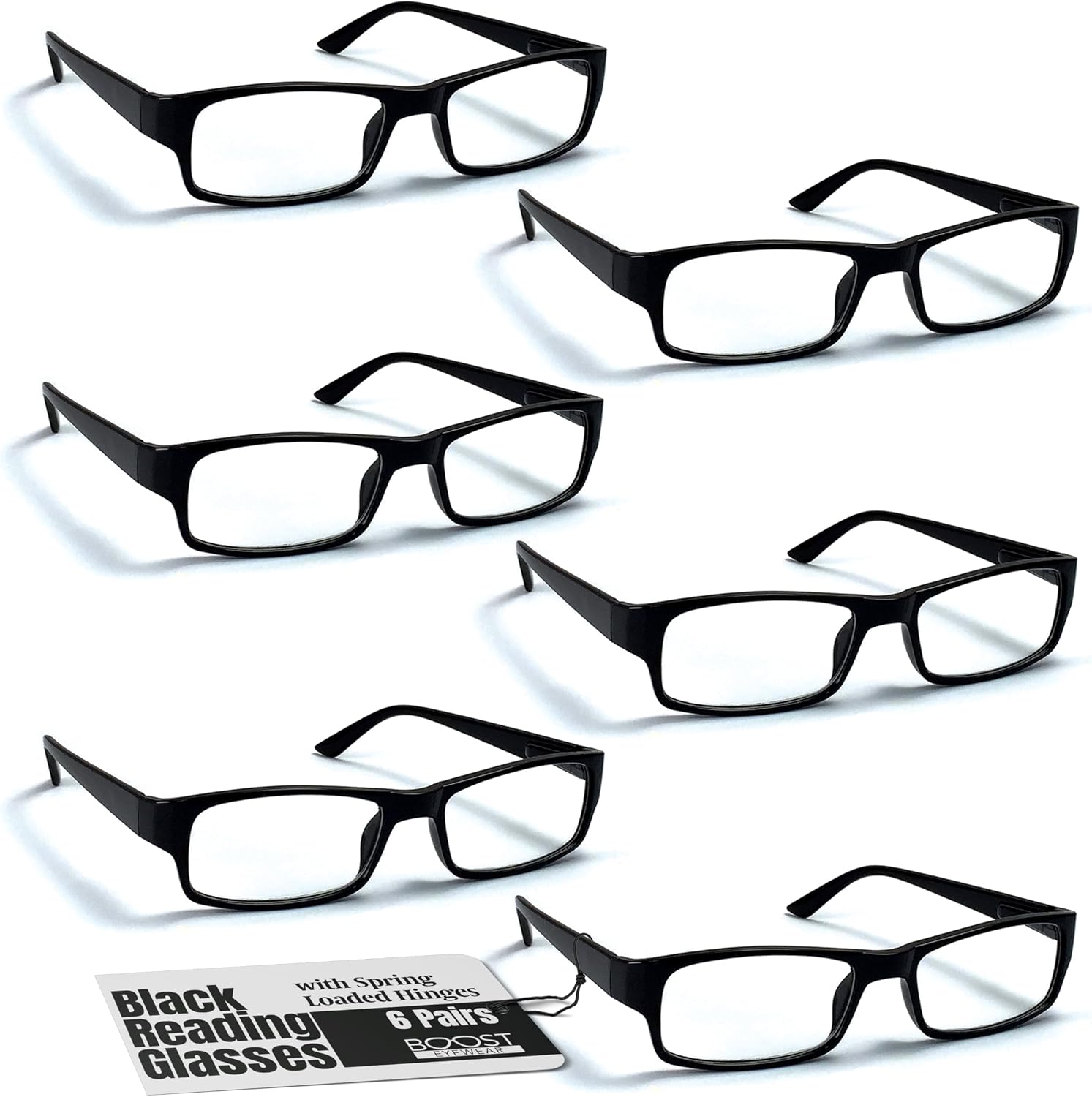 Boost Eyewear 6 Pack Reading Glasses  Traditional Black Frames  with Spring Loaded Hinges