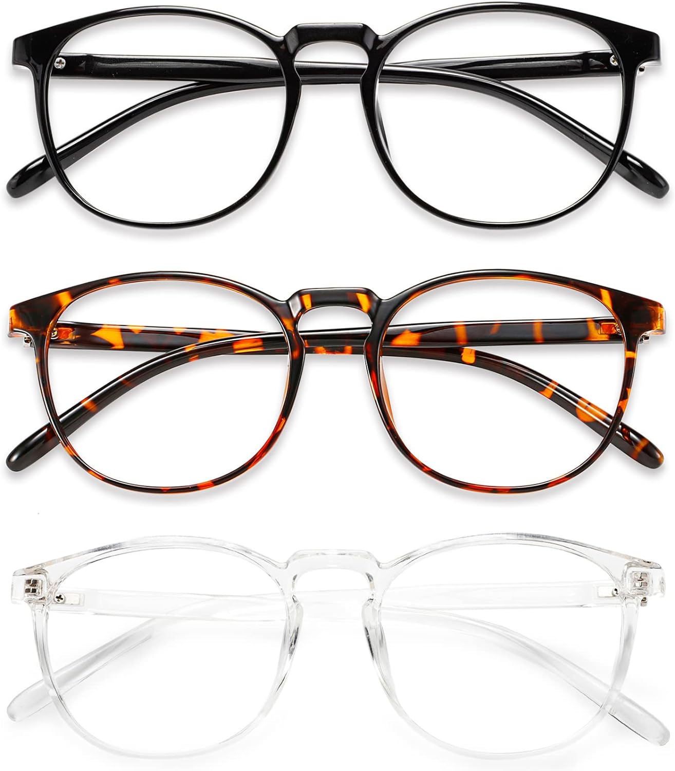 Przene 3 Pack Blue Light Blocking Glasses Women/Men Retro Round Computer Glasses Anti Eye Strain/UV/Glare  Gaming Glasses. (Black/Crystal/Amber)