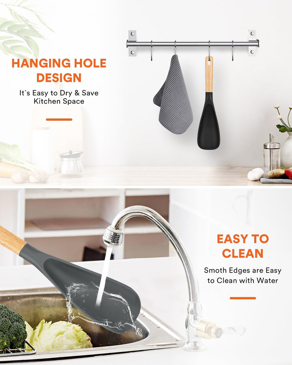 Cooking Spoon for Nonstick Cookwares  Great for Cooking and Serving Sturdy BPA-Free Matte Silicone  Wood Handle Spoon for Mixing  Scoop  and Scrape (Black & Grey  11.4 inch)