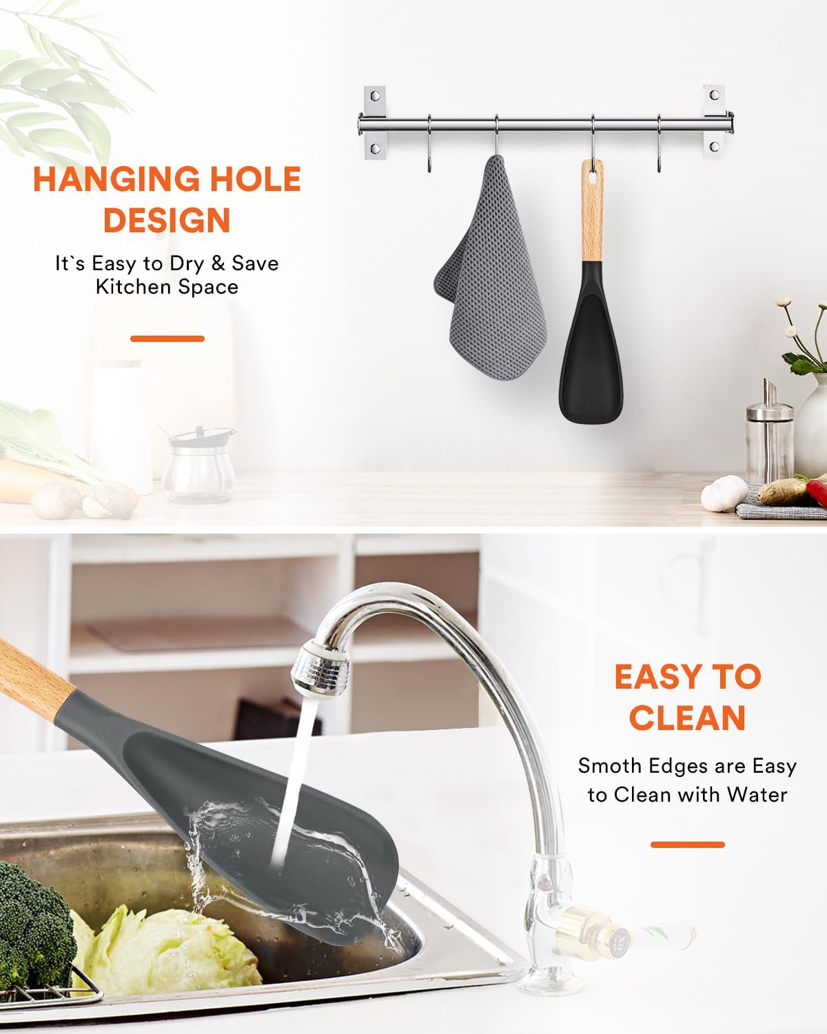 Cooking Spoon for Nonstick Cookwares  Great for Cooking and Serving Sturdy BPA-Free Matte Silicone  Wood Handle Spoon for Mixing  Scoop  and Scrape (Black & Grey  11.4 inch)