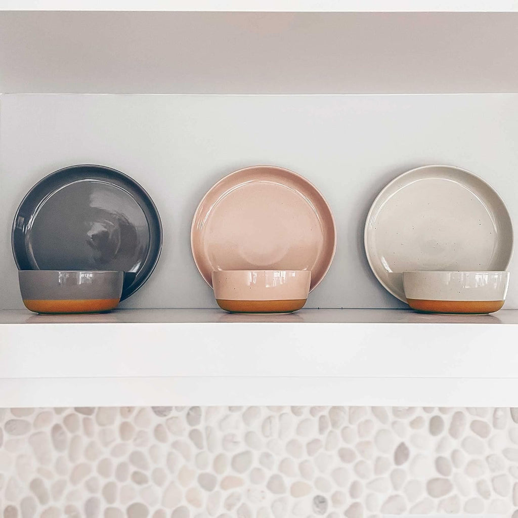 MORA Ceramic Flat Pasta Bowl Set of 4-35oz  Microwave Safe Plate with High Edge - Modern Porcelain Dinnerware for Kitchen and Eating  Large Wide Bowls/Plates for Serving Dinner  Salad  etc- Neutrals