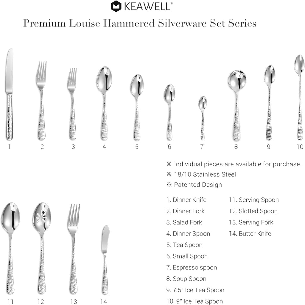 KEAWELL Premium 4-Piece Louise Hammered Spoons Set  18/10 Stainless Steel  Set of 4  Fine Spoon Set with Round Edge  Dishwasher Safe (6.4" Teaspoons)