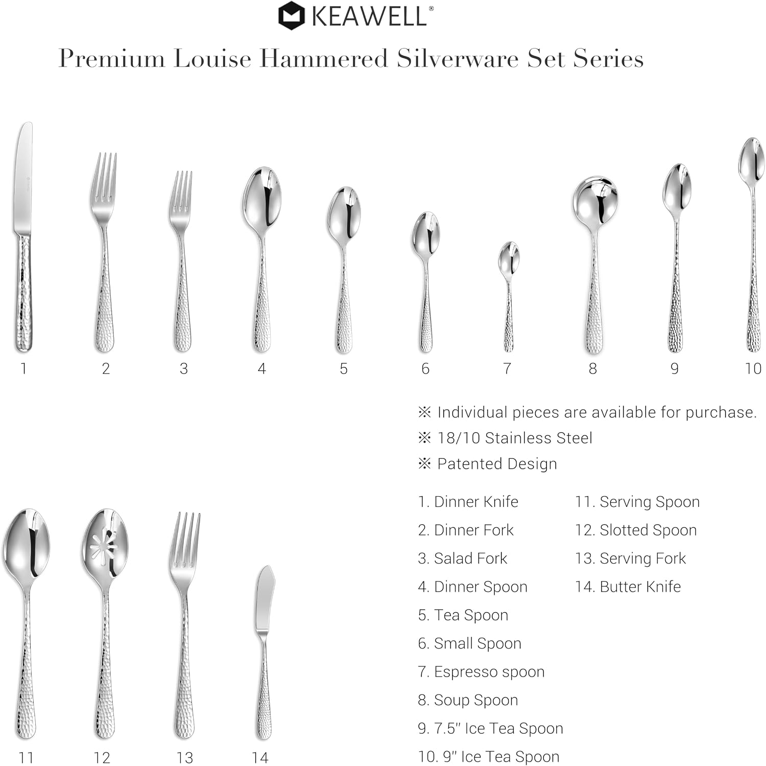 KEAWELL Premium 4-Piece Louise Hammered Spoons Set  18/10 Stainless Steel  Set of 4  Fine Spoon Set with Round Edge  Dishwasher Safe (6.4" Teaspoons)