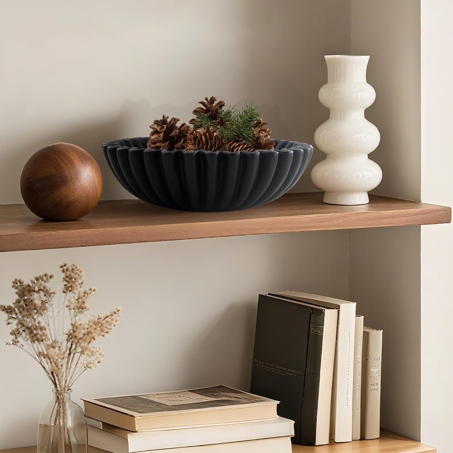 Large Modern Decorative Ruffle Bowl for Home Decor Fruit Bowl Organic Catch All Key Kitchen Entryway Shelf Coffee Table Black