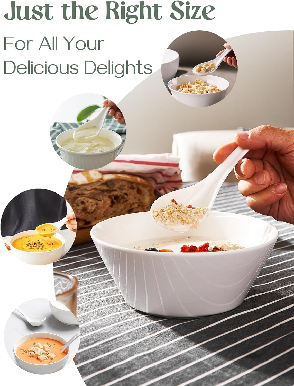 DOWAN Soup Spoons  Ceramic Asian Soup Spoons  White Japanese Spoon Large for Ramen Pho Wonton Dumpling Miso  Deep Oval Hook Design  Set of 4 (4  Soft white)