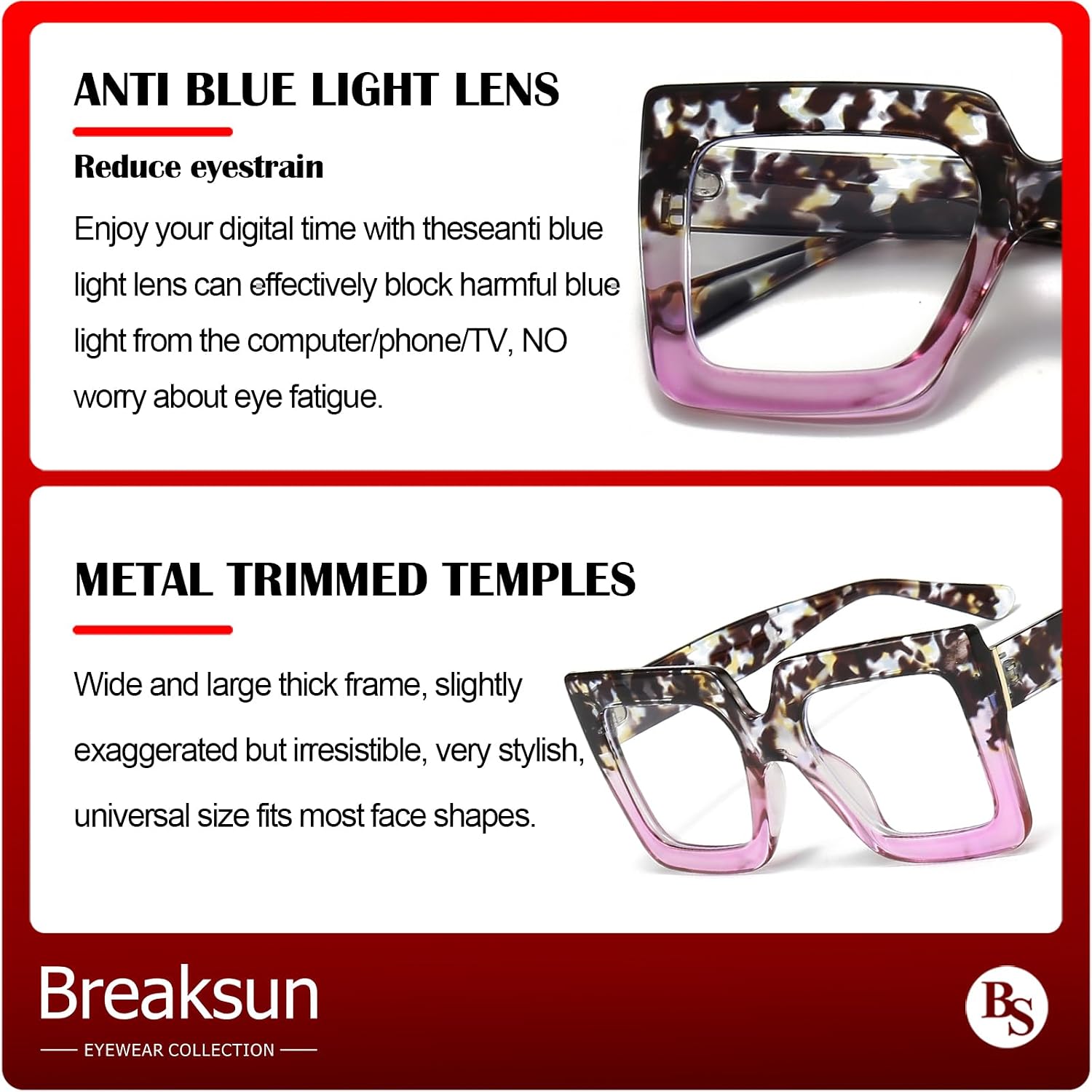 Oversized Blue Light Glasses for Women Fashion Thick Square Computer Eyewear Non-Prescription Black Glasses (Floral Gradient Purple)