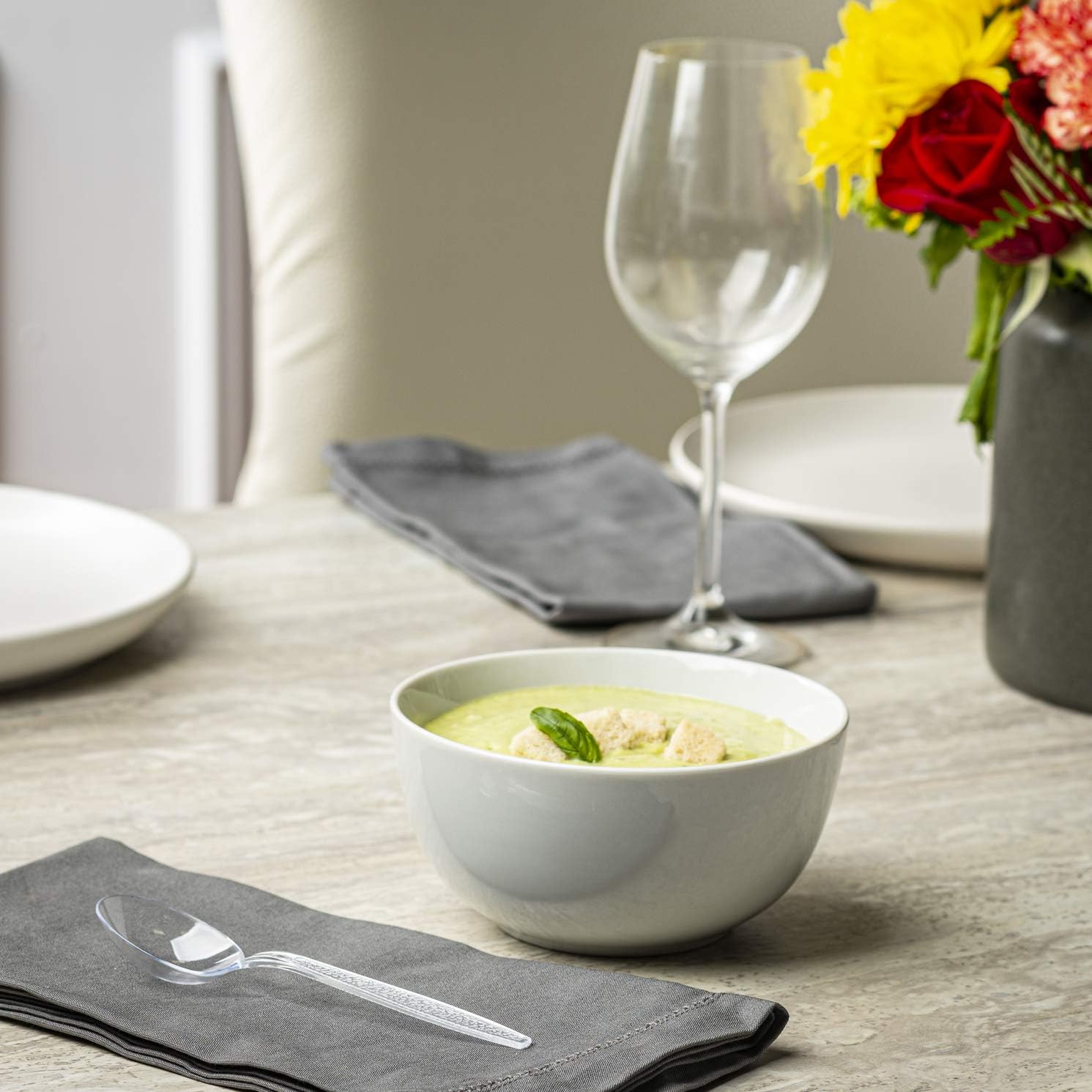 Comfy Package [Pack of 300] Heavyweight Disposable Clear Plastic Soup Spoons - Engraved Design
