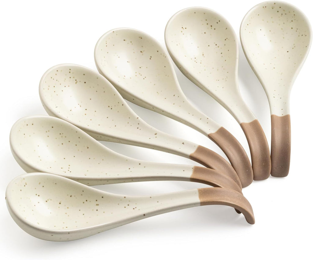 LYEOBOH 6 Pieces Asian Soup Spoons  Japanese Kitchen Soup Spoon Set  Dinner Tablespoons with Long Handle for Cereal  Ramen  Ice Cream  Dishwasher & Microwave Safe  Rustic Decor  White and Brown