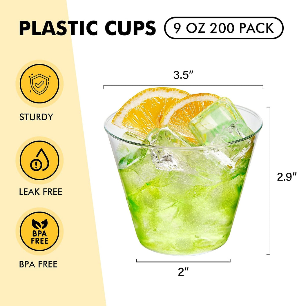 RACETOP 200 Pack 9 oz Clear Plastic Cups for Party  Disposable Clear Cup  Disposable Cups  Wine Glasses Cups  Plastic Cocktail Glasses