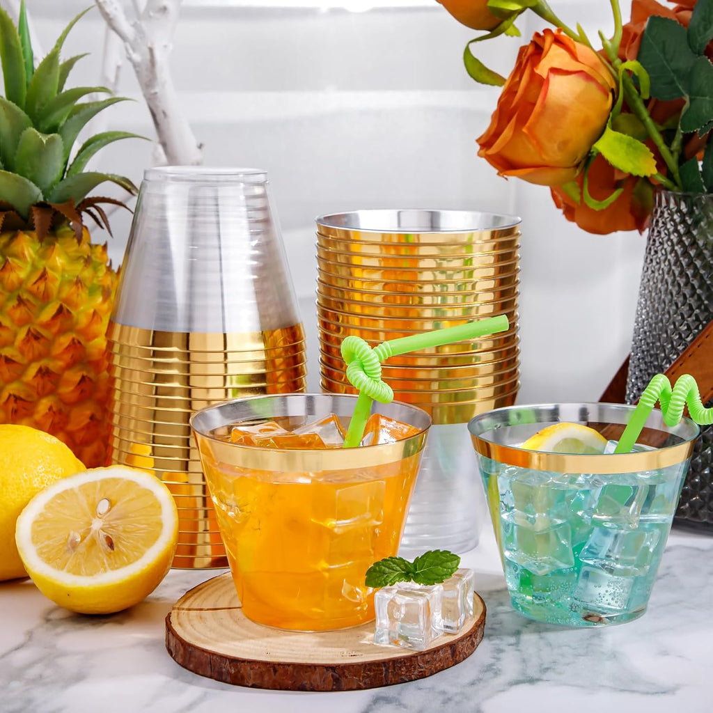 I00000 200 Pack Gold Plastic Cups  9 Oz Elegant Clear Plastic Cups Gold Rimmed Disposable Wine Glasses Fancy Disposable Party Cup Wedding Cup Drinking Tumblers Cocktail Glasses Perfect for Party