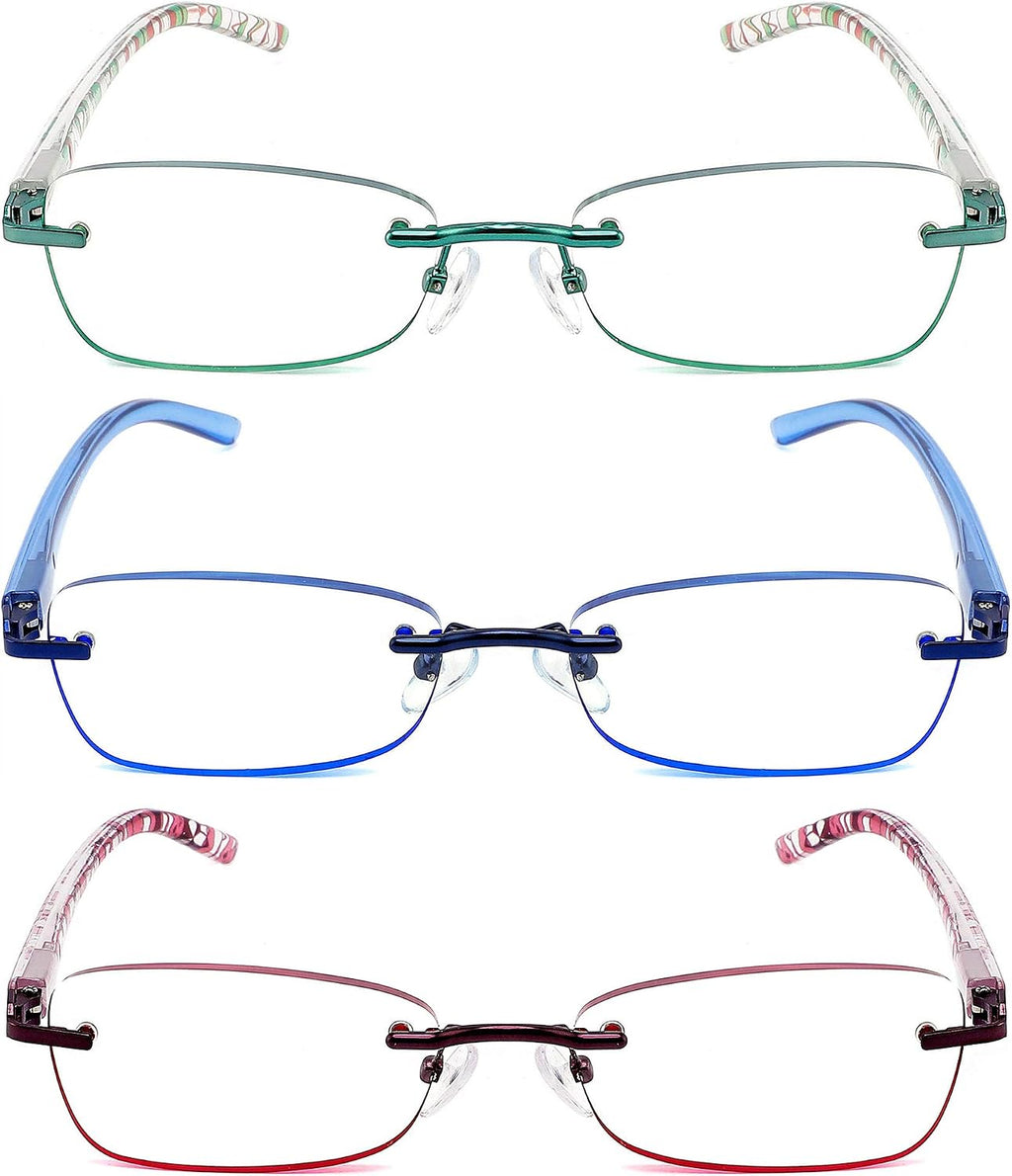 JJWELL 3 Pack Blue Light Blocking Reading Glasses for Women  Anti Eyestrain/Computer Glare UV 400 Filter Readers with Spring Hinge  Lightweight Rimless Tinted Metal Blue Rays Eyeglasses (2.75)