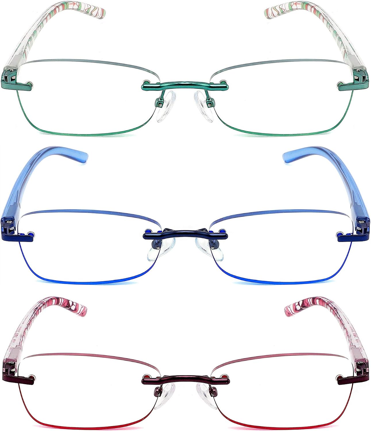 JJWELL 3 Pack Blue Light Blocking Reading Glasses for Women  Anti Eyestrain/Computer Glare UV 400 Filter Readers with Spring Hinge  Lightweight Rimless Tinted Metal Blue Rays Eyeglasses (2.75)