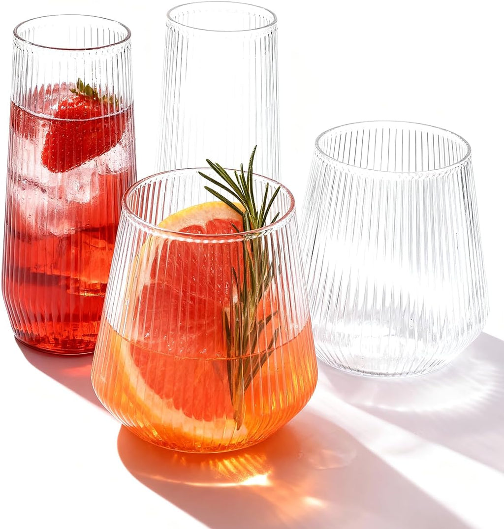 BESTSTAR 48 Pack Disposable Ribbed Origami Ripple Plastic Glasses Set - 24 9 OZ Stemless Champagne Flutes & 24 12OZ Cups  BPA-Free Shatterproof Clear Drinkware for Weddings  Parties & Events (Clear)