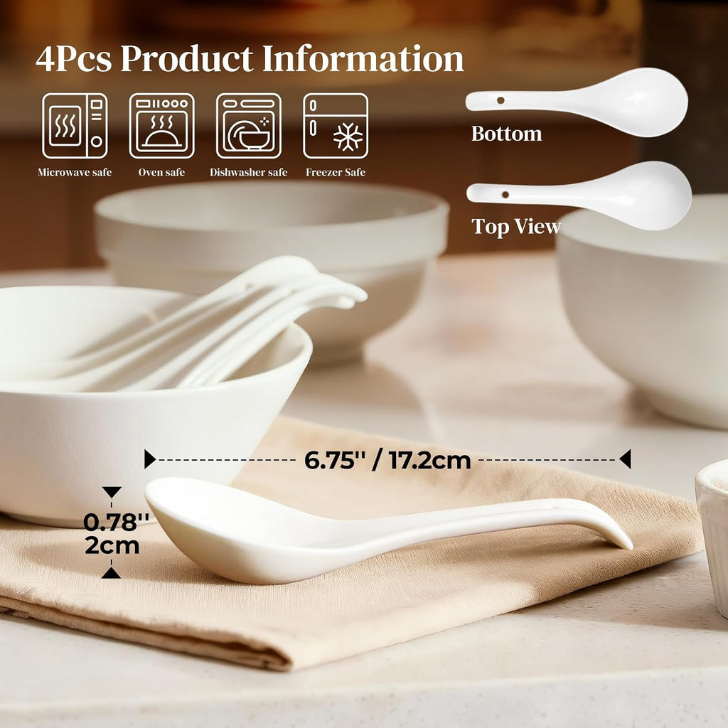 DOWAN Soup Spoons  Ceramic Asian Soup Spoons  White Japanese Spoon Large for Ramen Pho Wonton Dumpling Miso  Deep Oval Hook Design  Set of 4 (4  Soft white)