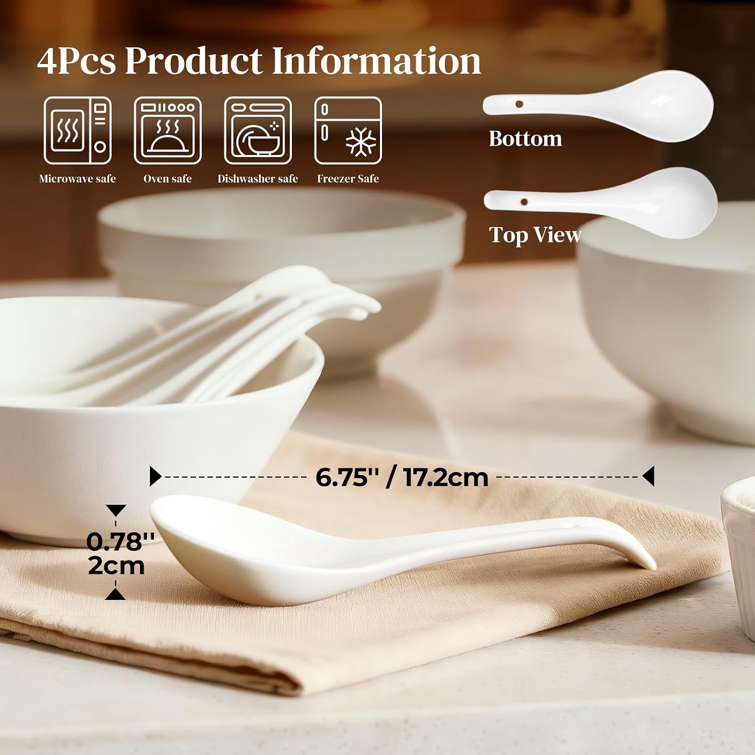DOWAN Soup Spoons  Ceramic Asian Soup Spoons  White Japanese Spoon Large for Ramen Pho Wonton Dumpling Miso  Deep Oval Hook Design  Set of 4 (4  Soft white)