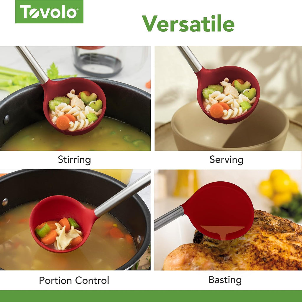 Tovolo Silicone Ladle With Stainless Steel Handle Deep Soup Ladle for Cooking Canning Serving Soup Punch Stew Sauce  Large Kitchen Utensil Spoon Dishwasher Safe BPA Free Silicone Cayenne Red
