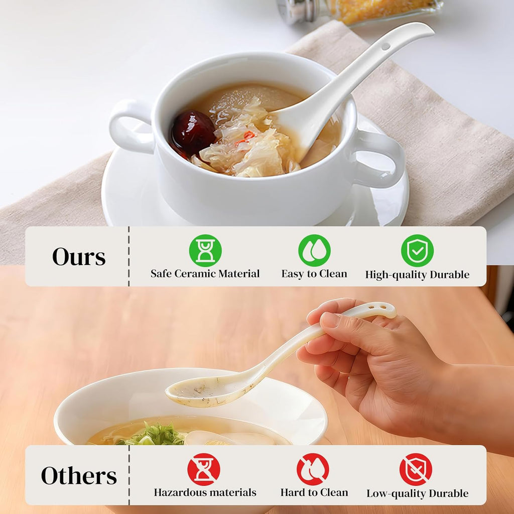 DOWAN Soup Spoons  Ceramic Asian Soup Spoons  White Japanese Spoon Large for Ramen Pho Wonton Dumpling Miso  Deep Oval Hook Design  Set of 4 (4  Soft white)