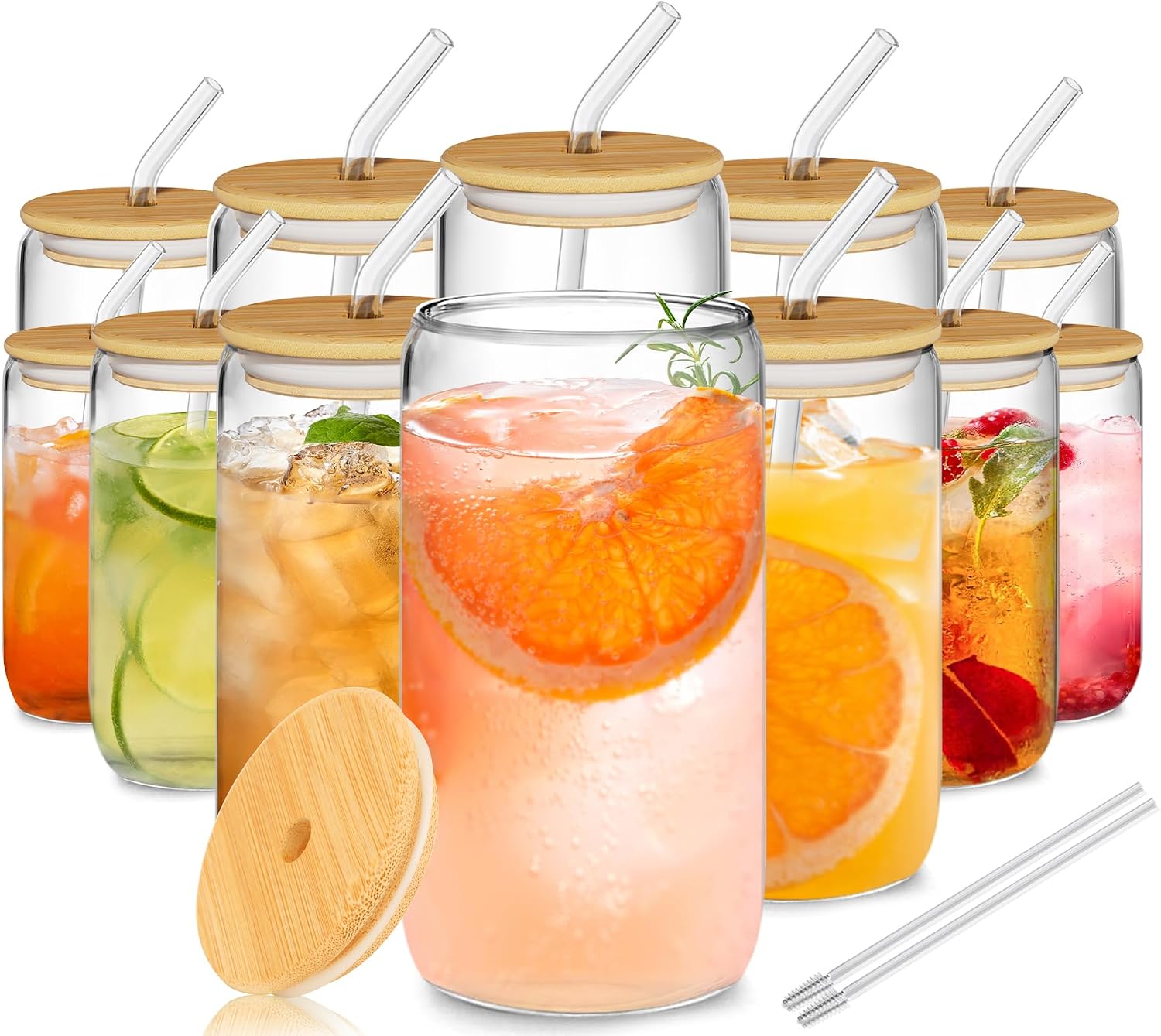 12Pcs Glass Cups with Lids and Straws - 16oz Can Shaped Drinking Glasses Set  Iced Coffee Cup  Beer Glasses Tumbler for Juice  Soda  Smoothie  Boba Tea  Whiskey  Cocktail Include 2 Cleaning Brushes